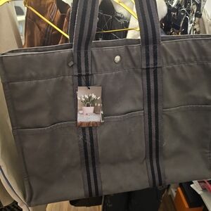 Hermes Gray Canvas Duffel Tote with Striped Handles GM Size